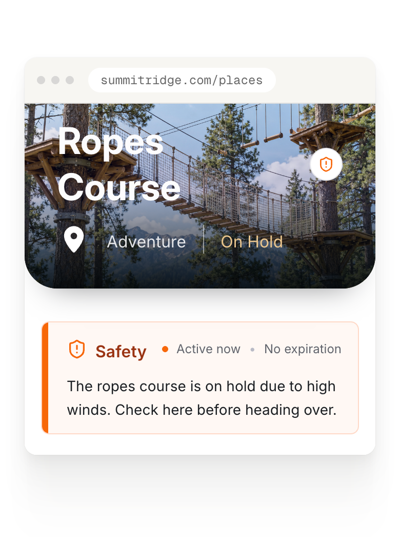 The ropes course feature page displays a safety alert explaining a wind hold and asking guests to check before heading over.