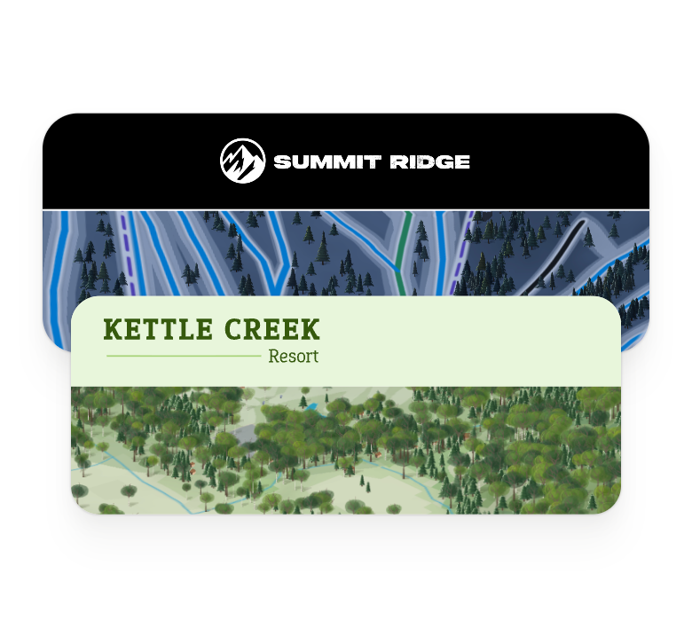 Two example guest maps with distinct Summit Ridge and Kettle Creek logos, colors and custom headers.
