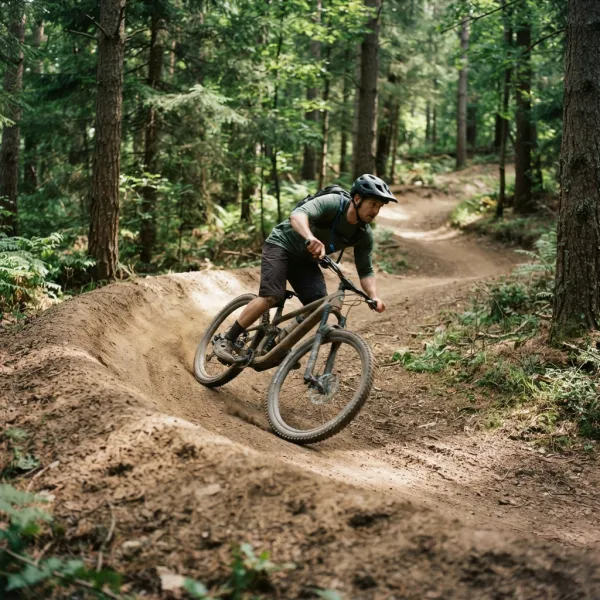 A mountain biker on a forest trail