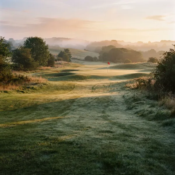 A golf fairway at sunrise