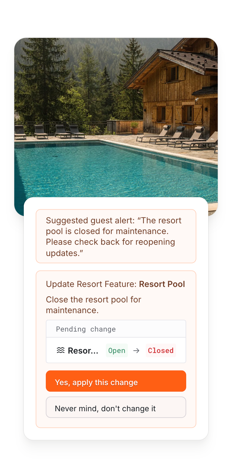 A resort pool beside CorvarAI’s proposed closure and suggested guest alert, awaiting staff approval.