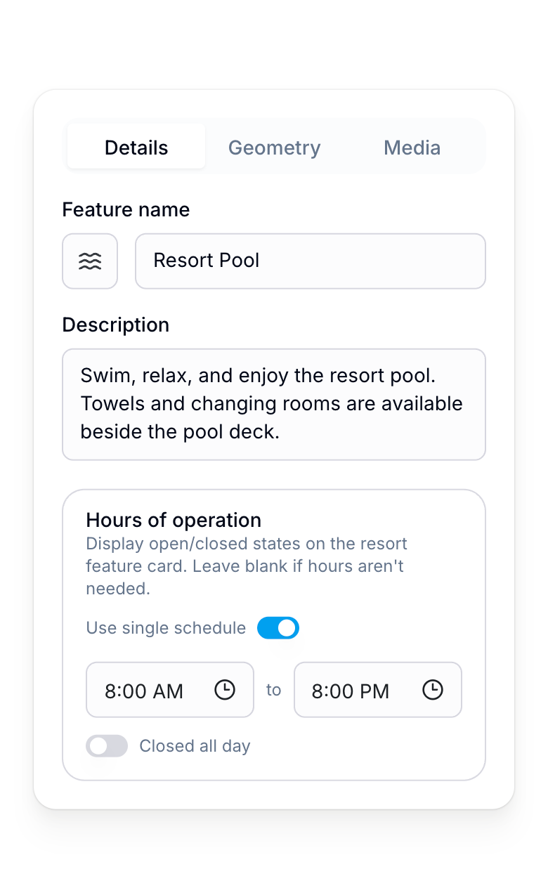 Studio’s Resort Pool record with its description, activity and operating hours in one editor.