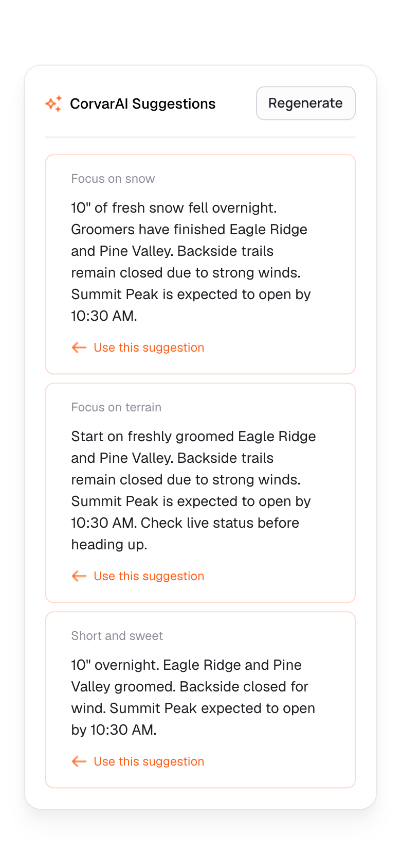 Three CorvarAI daily-message suggestions using current snow, terrain and lift conditions.