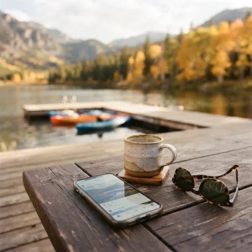 A phone on a lakeside dock table in the fall