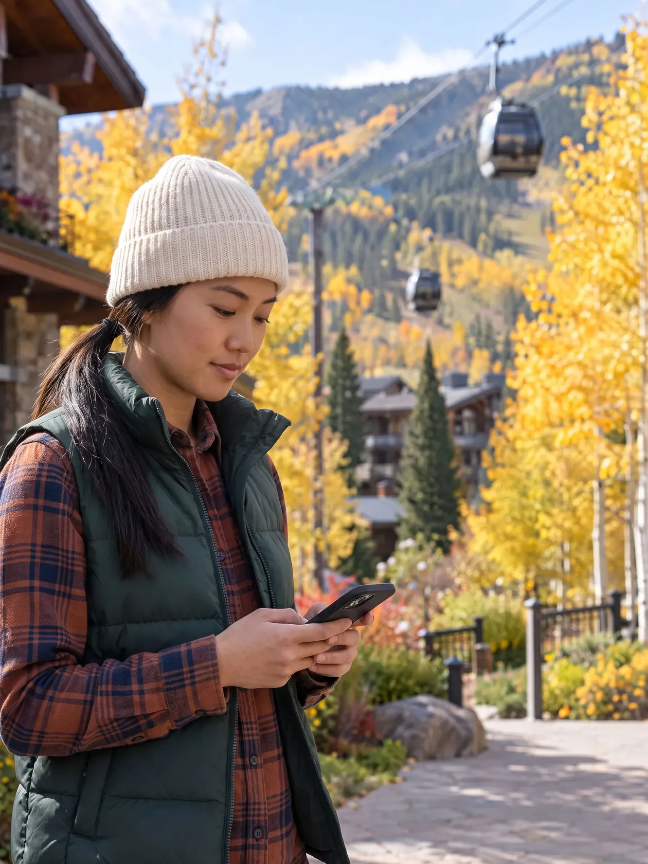 A guest in a beanie and puffer vest checks her phone in the village as the gondola passes golden aspens