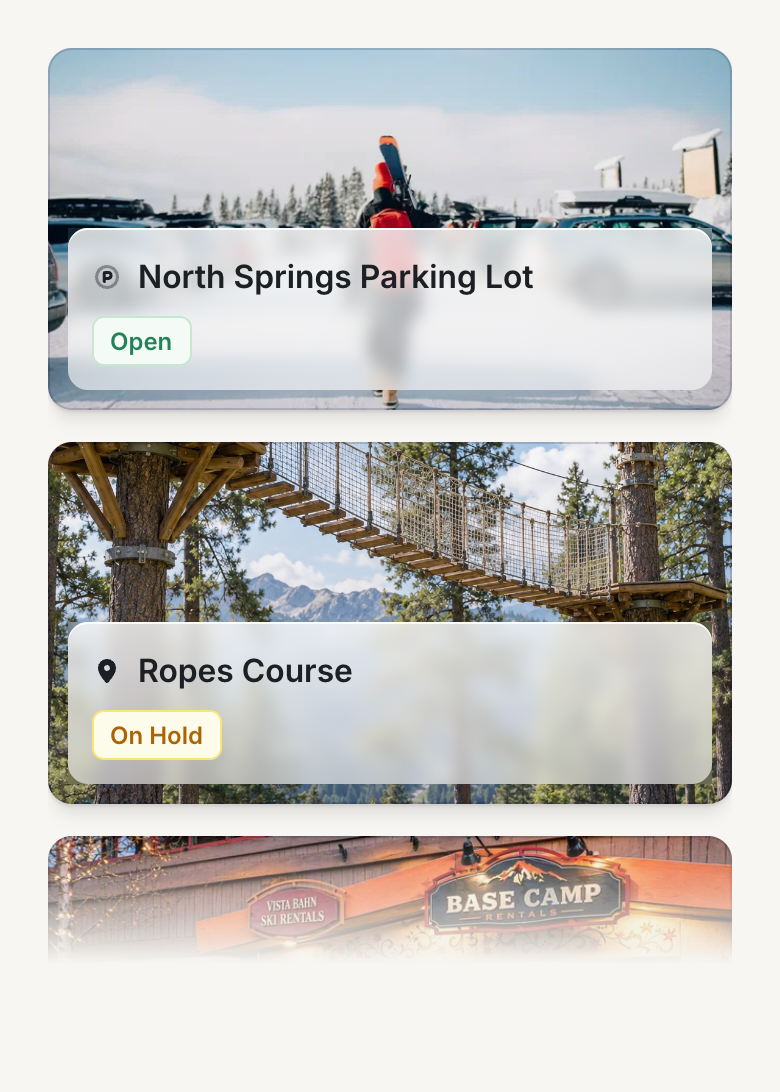 Resort status cards show North Springs Parking Lot open and Ropes Course on hold, with their place photographs.