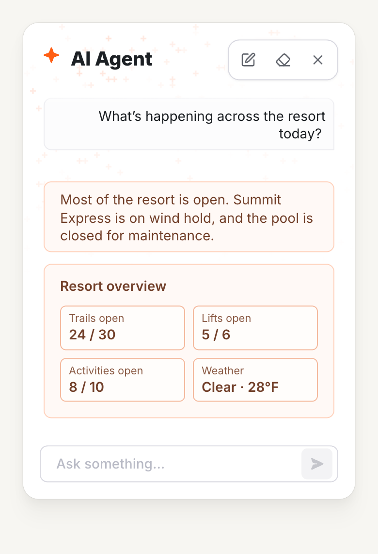 An example CorvarAI conversation answering which lifts are open, with an operating summary. Proposed updates always require staff approval.