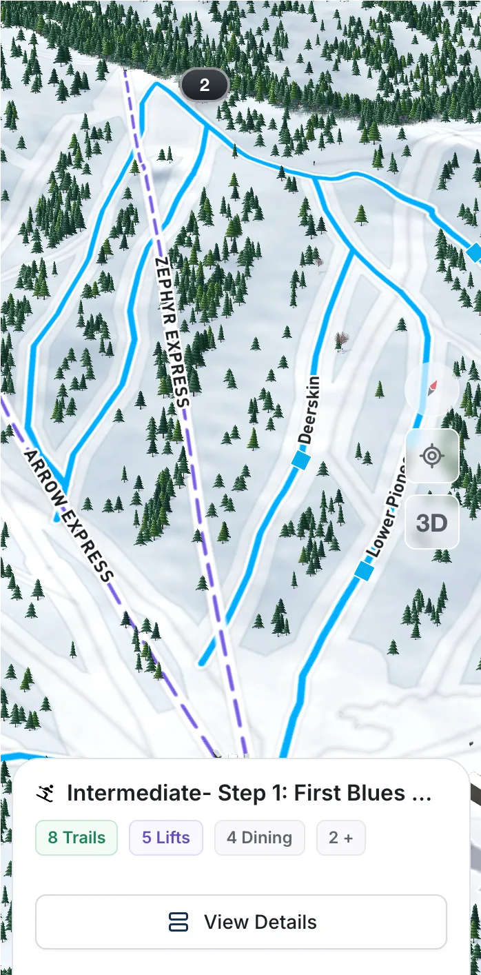 Summit Ridge intermediate level 1 map showing blue terrain and connecting lifts