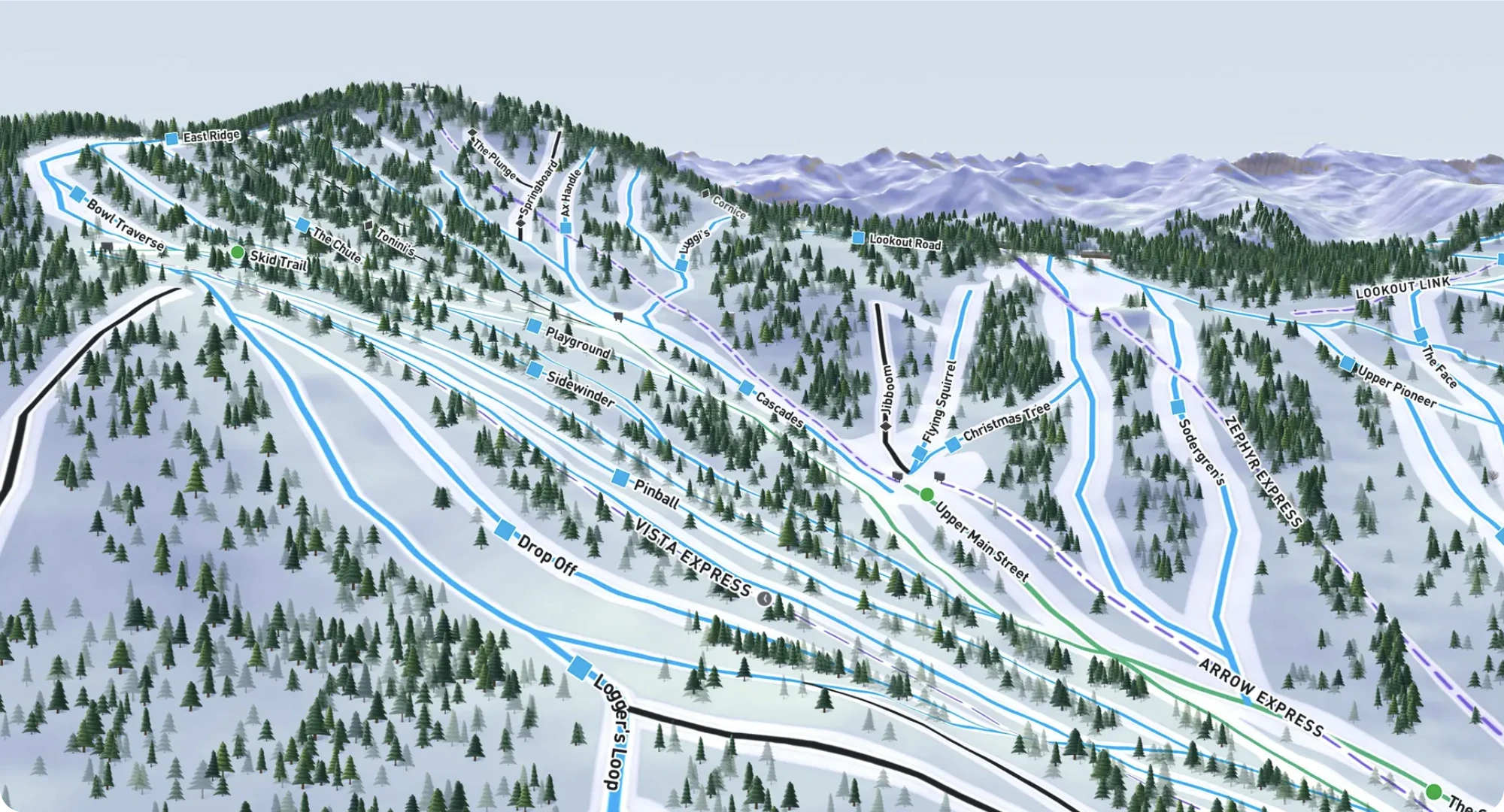Summit Ridge ski map showing named trails and lifts across the mountain