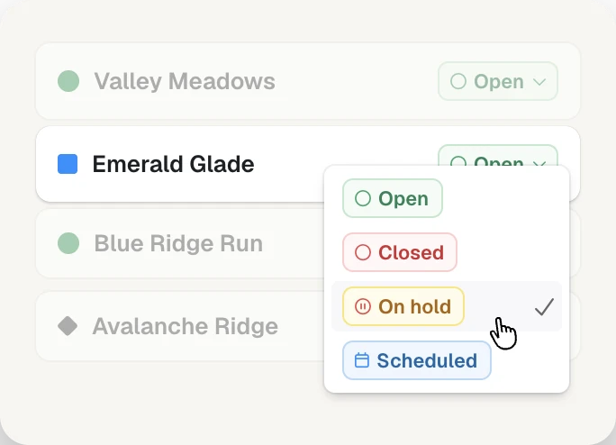 Corvar's trail status editor listing Emerald Glade, Blue Ridge Run, Avalanche Ridge, and Valley Meadows with an open status dropdown