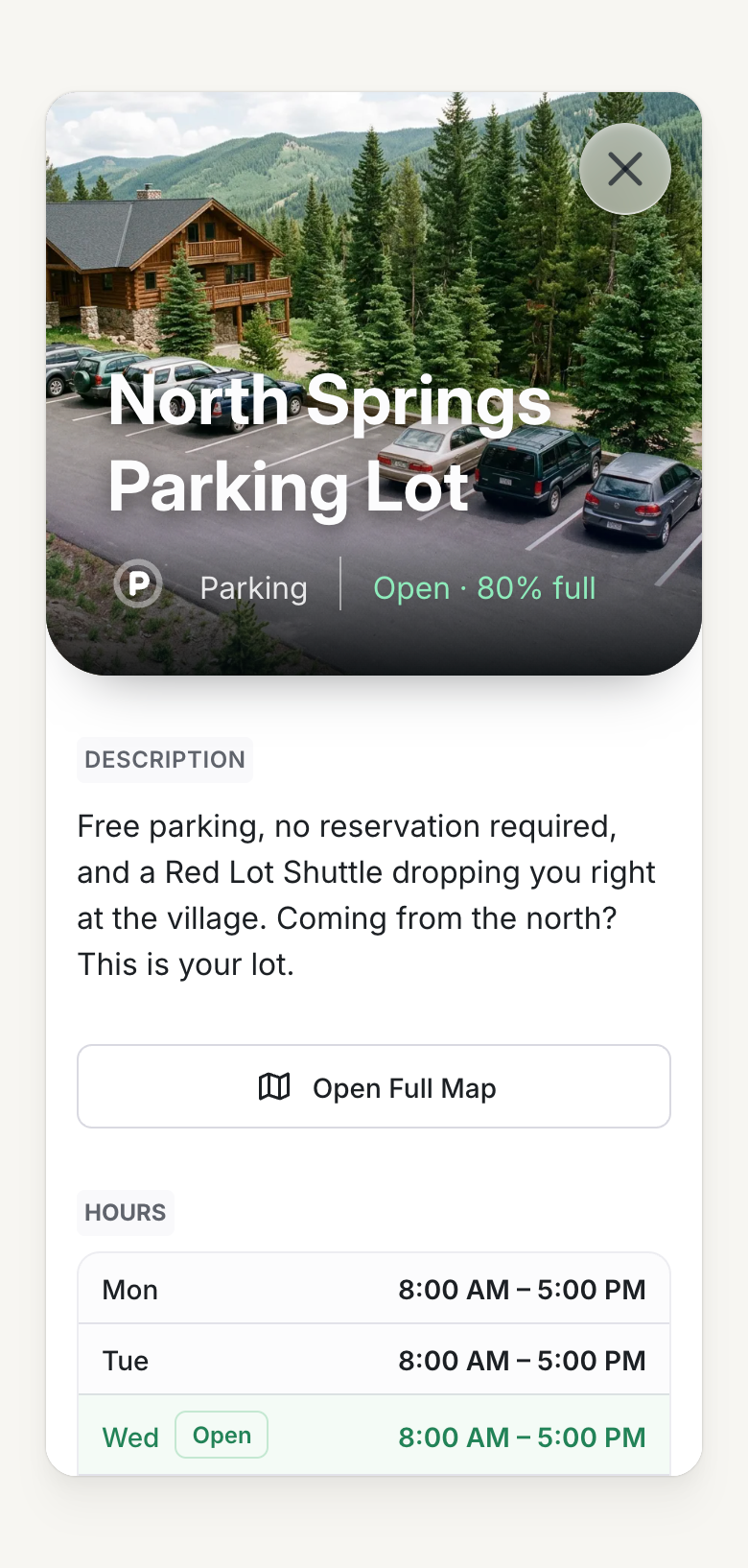 An illustrative parking page combines Open, 80% full, operating hours and directions. This is example content, not a live occupancy feed.