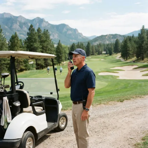 A golf course marshal calling in a hole closure on a radio