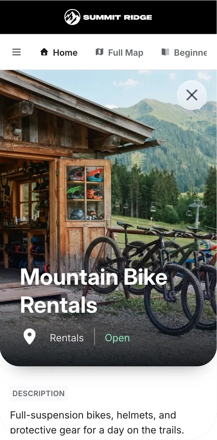 Mountain Bike Rentals in the Corvar guest app with open status, photos and place details