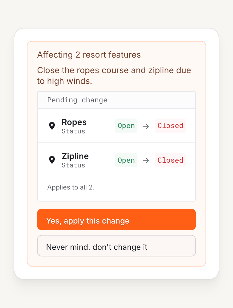 CorvarAI proposes closing the ropes course and zipline for high winds, with current and proposed values and approval controls.