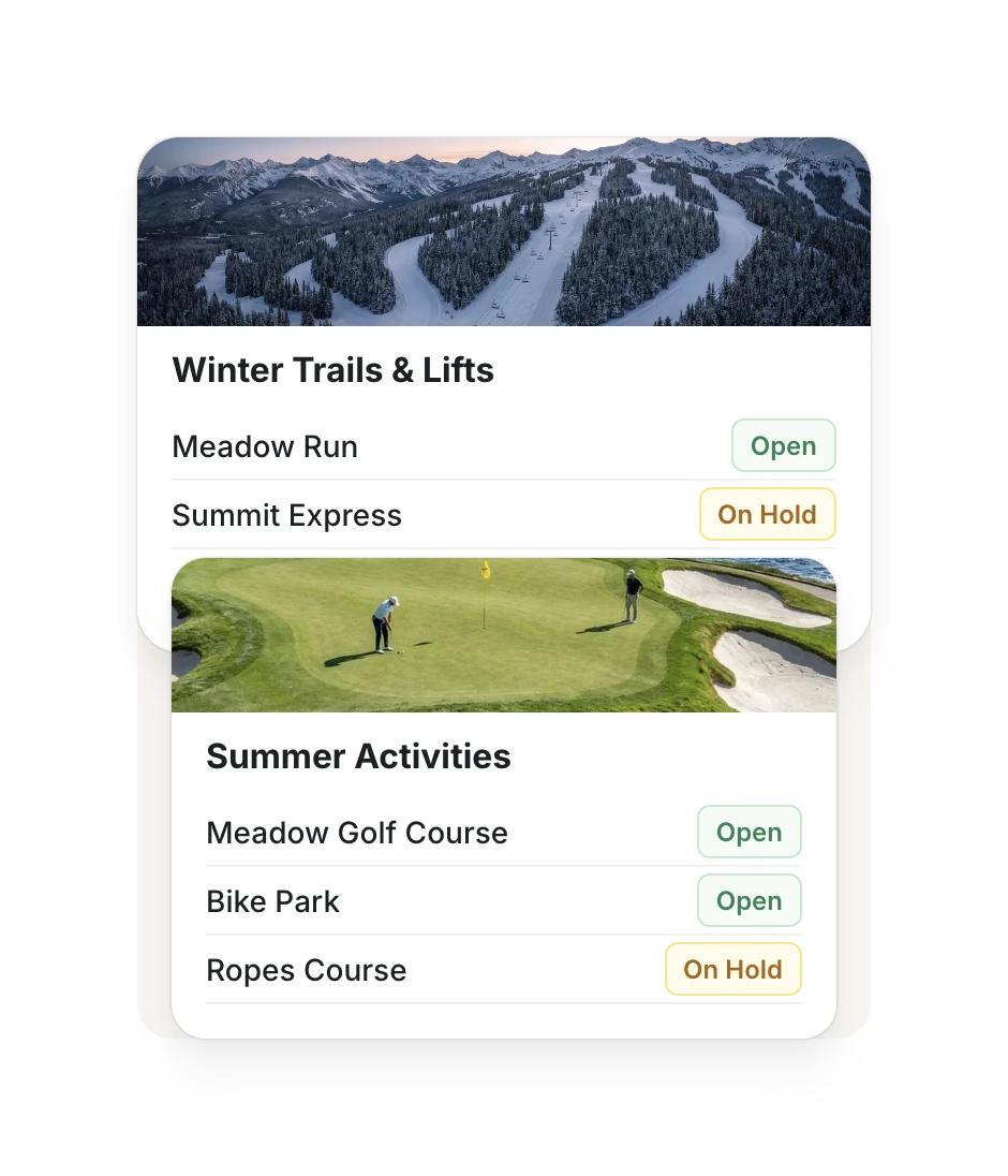 Illustrative winter trails and lifts alongside summer golf, bike park and ropes course statuses