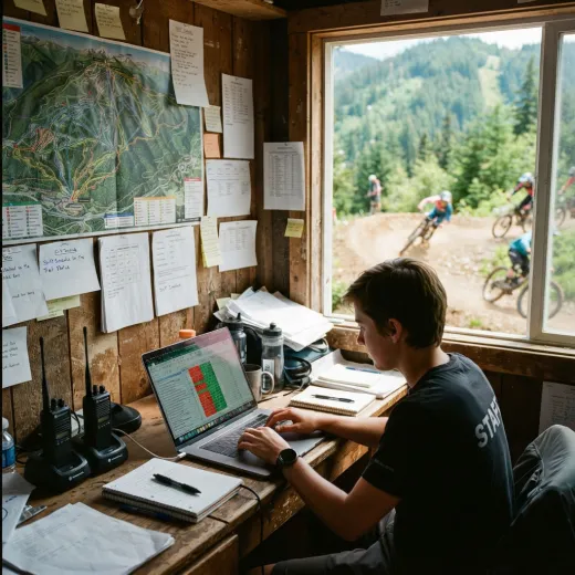 Bike park staff updating a trail status spreadsheet while riders pass the window