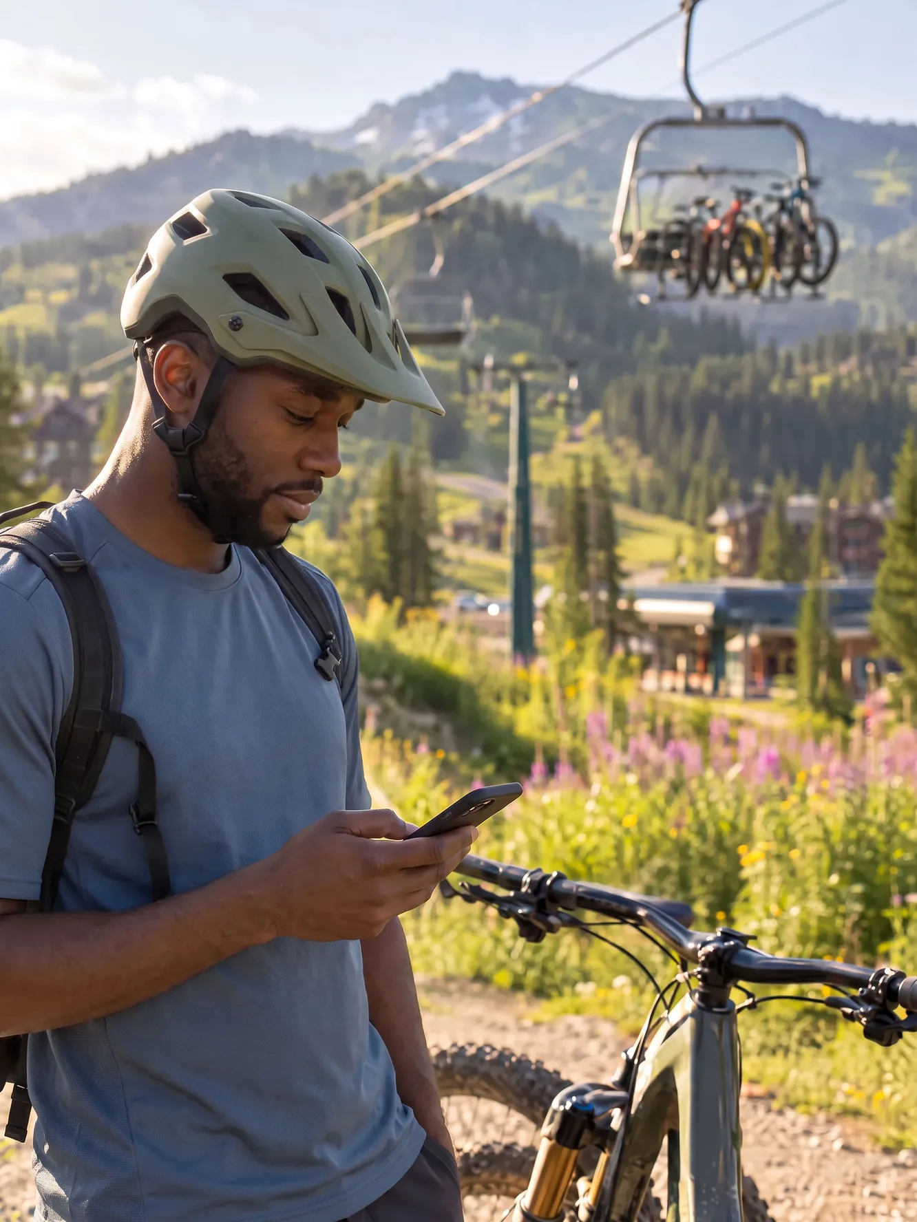 A mountain biker in a helmet checks his phone beside his bike as a lift carries bikes uphill