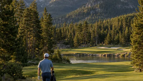 A golfer walking a fairway toward a lake below the mountains