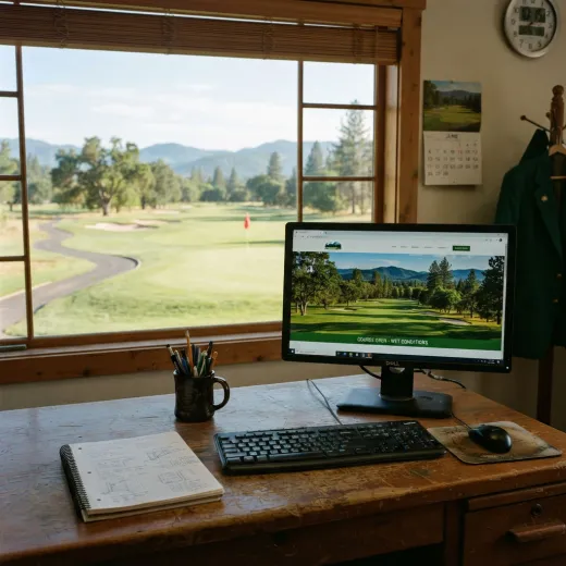 A golf club website on a monitor, with the fairway through the window